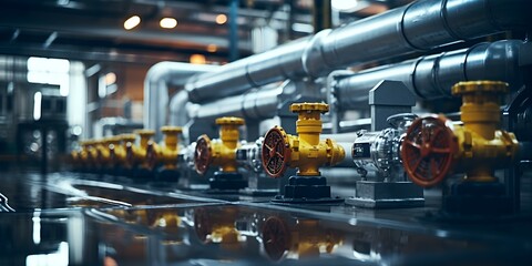 Critical infrastructure of an expansive industrial facility with pipelines and valves. Concept Industrial pipes, Valves, Critical infrastructure, Industrial facility, Pipelines - obrazy, fototapety, plakaty