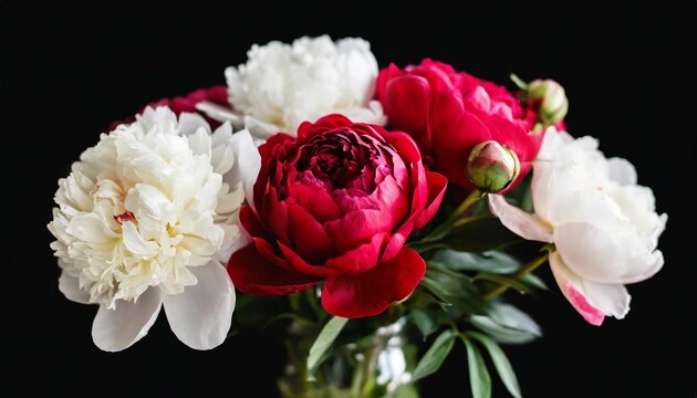 white and red roses peony isolated on black background floral arrangement bouquet of garden flowers can be used for invitations greeting wedding card