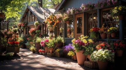 Fototapeta na wymiar The charming exterior of a flower shop with colorful flower baskets