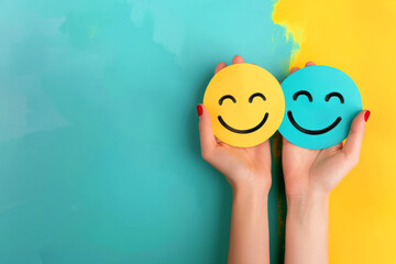 Hand holding happy smile face and sad paper cut, Positive thinking, Mental health assessment , World mental health day concept. A person is holding two smiley faces in their hands. faces are smiling - obrazy, fototapety, plakaty