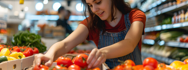 a woman buys tomatoes in a supermarket