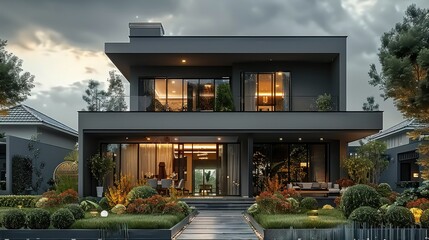 Front view Design a modern gray house with a front balcony and lawn garden decorated in a resort style. Generative AI.