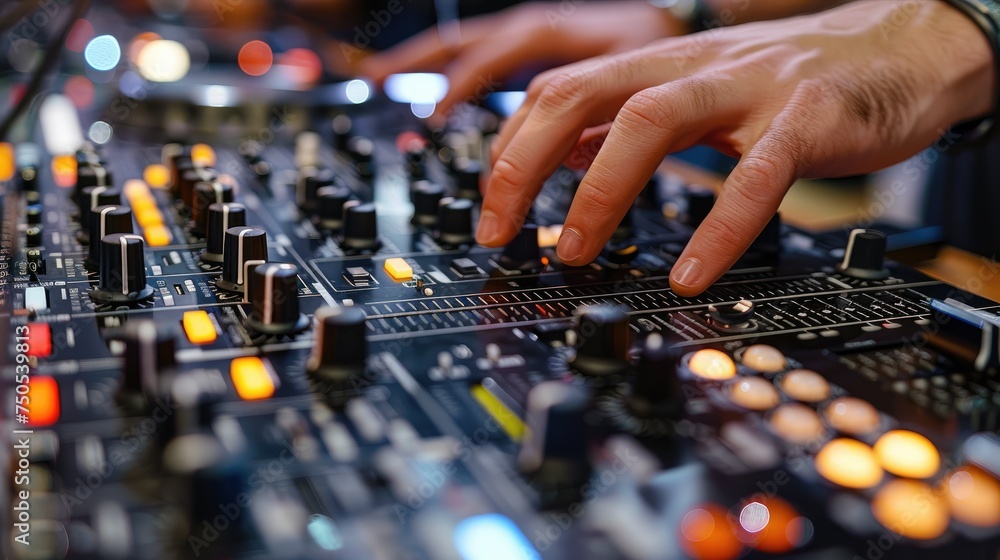 Aufkleber closeup of dj hand adjusting sound levels on mixer. generative ai.