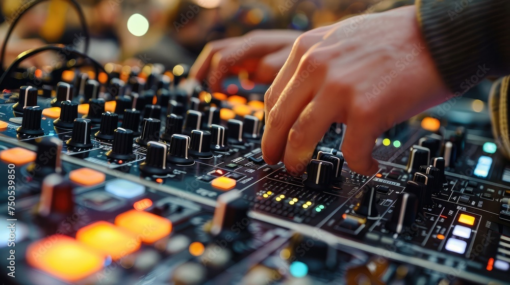 Aufkleber closeup of dj hand adjusting sound levels on mixer. generative ai.