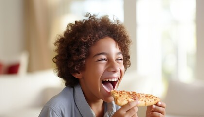 Happy young boy enjoying tasty pizza in defocused kitchen background with space for text - Powered by Adobe