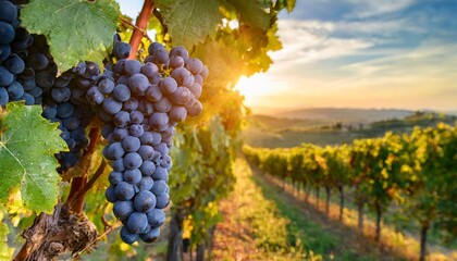 ripe grapes on vineyards at sunset in tuscany italy ripe red grapes on vineyards in autumn harvest at sunset