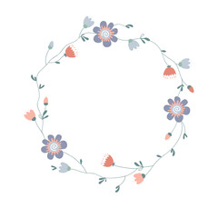Fototapeta na wymiar Elegant wavy flower wreath frame. Spring Scandinavian flowers border for Birthday, anniversary, greeting card, baby shower celebration