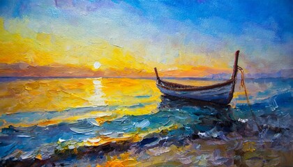 oil painting boat on the sea art impressionism colorful sunset
