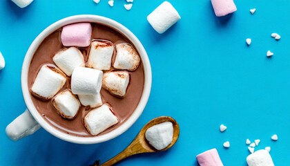 hot chocolate with marshmallow candies on blue paper background top view copy space