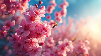 Spring design of blossoming fruit trees with beautiful branches of flowers. spring summer background with bright beautiful flowers - obrazy, fototapety, plakaty
