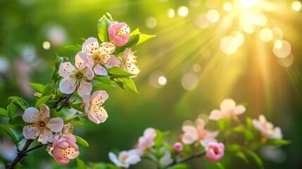 Spring design of blossoming fruit trees with beautiful branches of flowers. spring summer background with bright beautiful flowers - obrazy, fototapety, plakaty