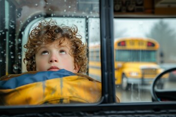 Obraz na płótnie Canvas Curly haired boy pressing nose against rear windshield peering out intently for big brother's school bus.