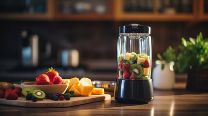 Electric blender for making fruit juice or smoothie on wooden kitchen table, healthy lifestyle concept. © Media Srock