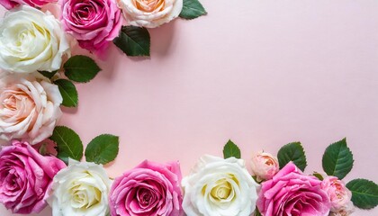 multi color white and pink rose frame on a soft pastel pink background