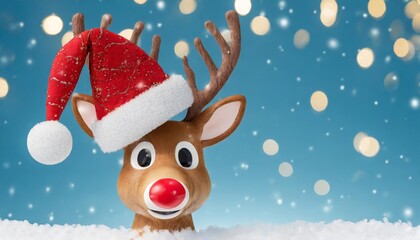 reindeer with red nose and santa hat on blue background christmas greeting card design with text 3d rendering 3d illustration