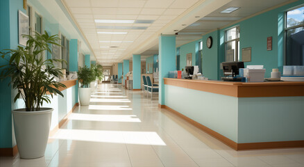 Abstract blur hospital background. Hospital Reception perspective - 750541203