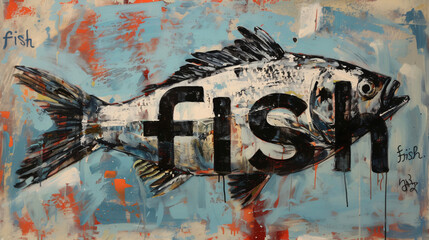 A painting of a fish with the words  fish  on it.