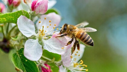flying honey bee collecting bee pollen from apple blossom bee collecting honey