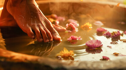 A person's feet are immersed in a warm, flower-strewn footbath that evokes a feeling of serene relaxation. Soft masculinity, daily self-care