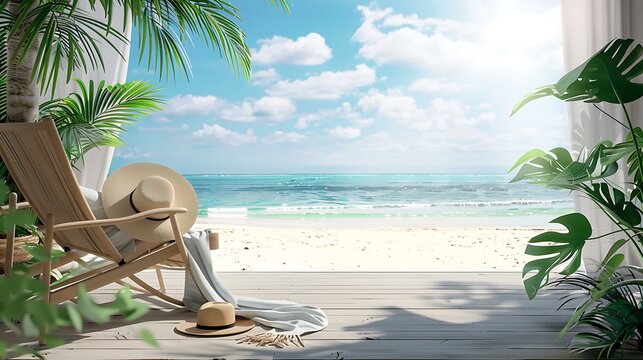 The image is a beautiful beach scene. The sand is white and soft, the water is crystal clear, and the palm trees are swaying in the breeze.