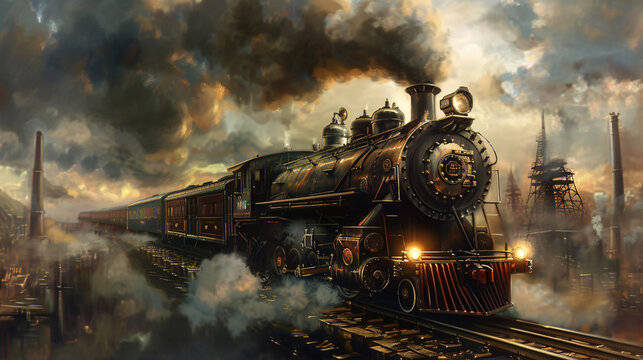 A painting of a steam engine train coming down