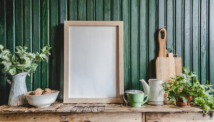 mock up poster frame in kitchen interior and accessories with dark green wooden slatted wall background - obrazy, fototapety, plakaty
