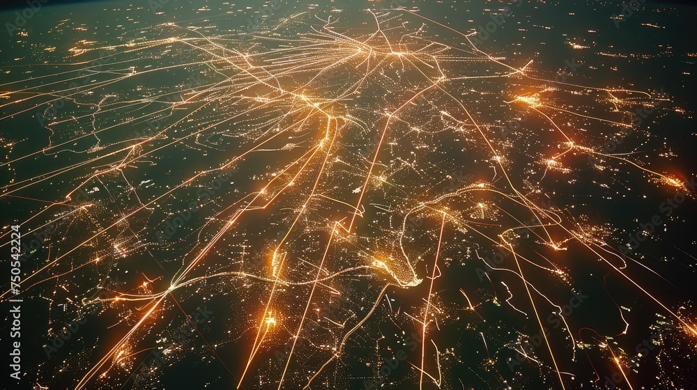 Poster Many lines of light stretching parabolically through the air from an aerial night view. Generative AI.