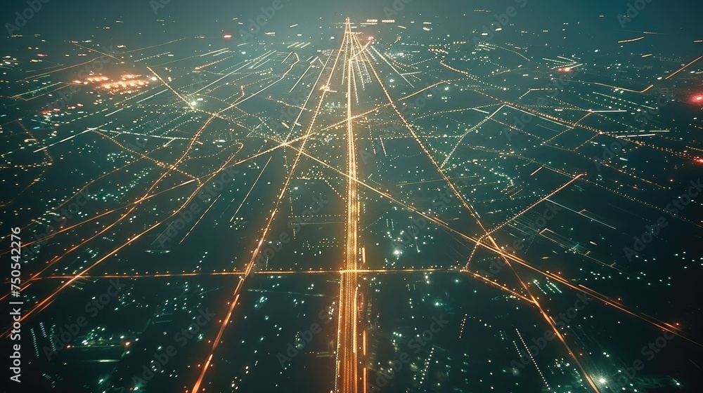 Poster many lines of light stretching parabolically through the air from an aerial night view. generative a