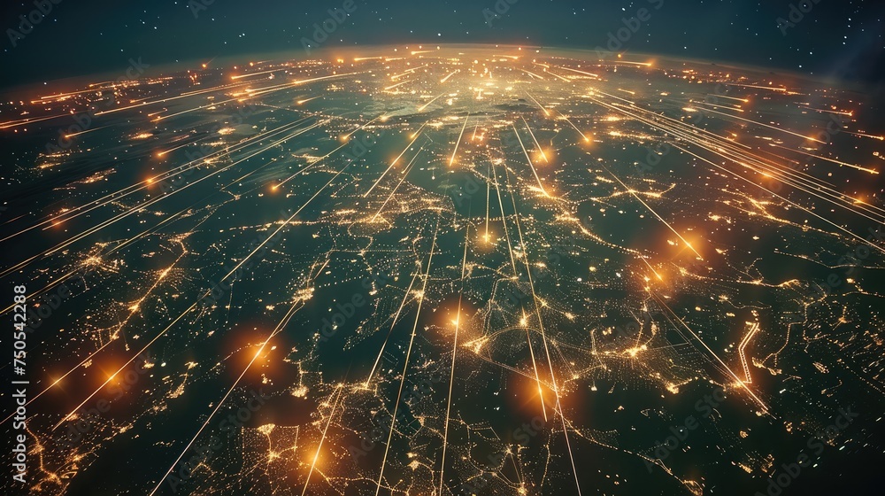 Aufkleber Many lines of light stretching parabolically through the air from an aerial night view. Generative AI.