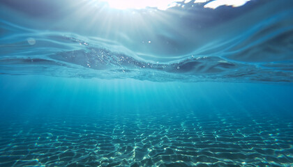 Blue gentle waves, slow motion looped ocean surface seen from underwater rays of sunlight shining through Great for background