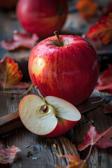 Fresh, Glossy Red Apple from JT Apple Farm on a Rustic Wooden Table with Autumn Background