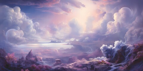 Ethereal wisps of azure and amethyst dance upon the surface of the illustration, creating an otherworldly landscape that transports viewers to a realm of pure imagination and wonder. - obrazy, fototapety, plakaty
