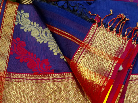 Hand Weaving Silk & Handloom Sarees, saree with golden details, woman wear on festival, ceremony and weddings, expensive sarees are famous for their gold and silver zari, brocade. Incredible India.