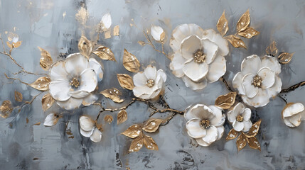 A painting of white flowers on a gray background