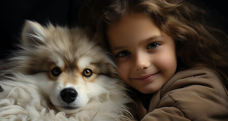 Little girl with dog on black background, closeup. Adorable pet