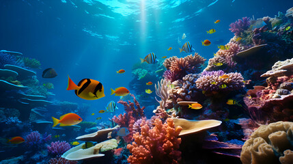 Underwater scene with corals and tropical fish. Underwater world.