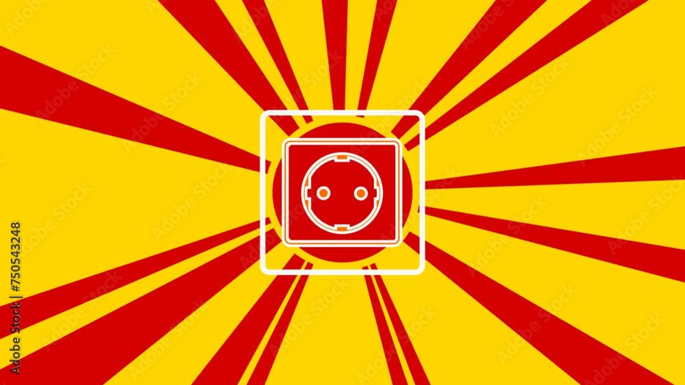 Poster power socket symbol on the background of animation from moving rays of the sun. large orange symbol 