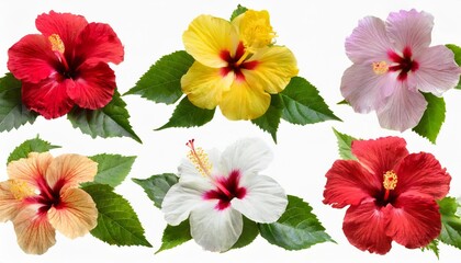 collection of colored hibiscus flowers with leaves isolated on white background