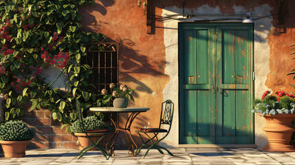 Fototapeta na wymiar A patio with a table and chairs and a potted plant