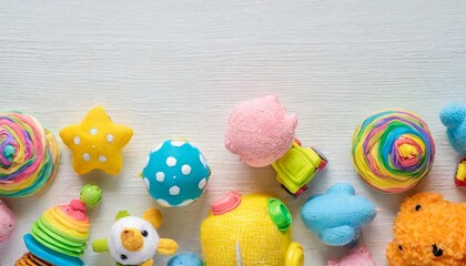 a top vie flat lay background border of children s or pet s toys stuffed animals and miniature cars on a pastel off white background with negative copy space