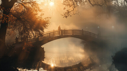A person standing on a bridge in the fog 