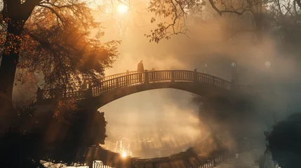 Tableaux ronds sur aluminium Matin avec brouillard A person standing on a bridge in the fog 