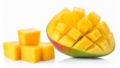 set of mango cubes and mango slices isolated on a white background