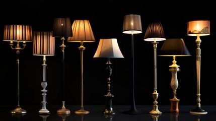 A collection of floor lamps that bring light to the night and illuminate the apartment. Interior. Generative AI.