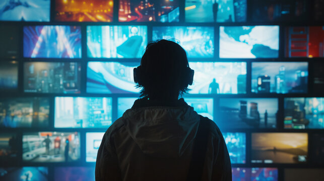 A person watching a video wall with multimedia image