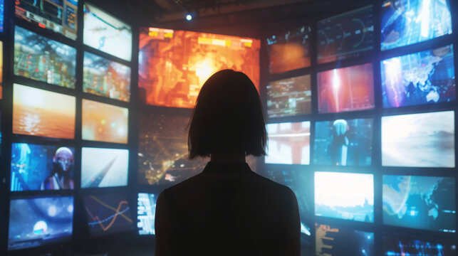 A person watching a video wall with multimedia image