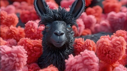 Fototapeta premium Cute happy Black Llama laying in a pile of pink and red 3d hearts. Generative AI.