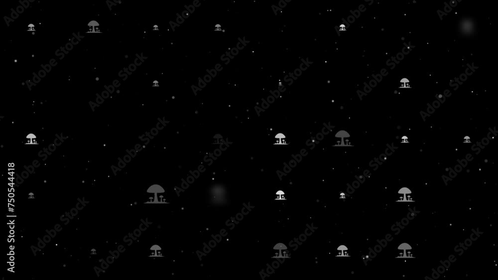Poster template animation of evenly spaced mushrooms symbols of different sizes and opacity. animation of t