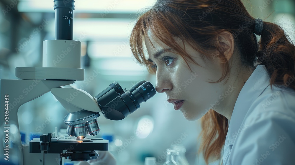 Aufkleber woman scientist looking at microscope working in clinical laboratory. generative ai.
