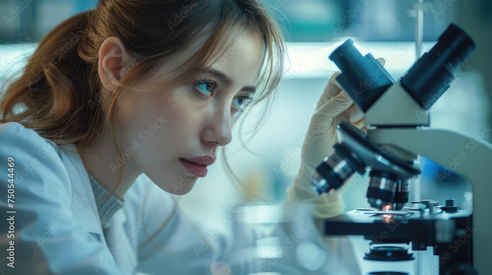 Aufkleber woman scientist looking at microscope working in clinical laboratory. generative ai.